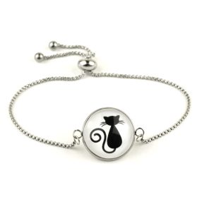   Nemesacél üveglencsés állítható méretű karkötő - cica (0001)