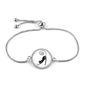   Nemesacél üveglencsés állítható méretű karkötő - cica (0002)