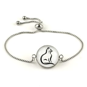   Nemesacél üveglencsés állítható méretű karkötő - cica (0004)