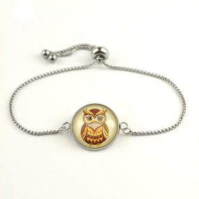  Nemesacél üveglencsés állítható méretű karkötő - bagoly (1400)