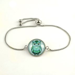   Nemesacél üveglencsés állítható méretű karkötő - bagoly (1403)