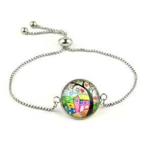   Nemesacél üveglencsés állítható méretű karkötő - házikós életfa (2501)