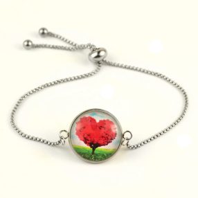   Nemesacél üveglencsés állítható méretű karkötő - életfa - szív (2505)