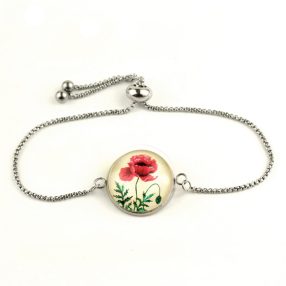   Nemesacél üveglencsés állítható méretű karkötő - virágmintás, pipacsos (3000)