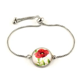   Nemesacél üveglencsés állítható méretű karkötő - virágmintás, pipacsos (3001)