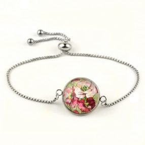   Nemesacél üveglencsés állítható méretű karkötő - virágmintás, pipacsos (3002)