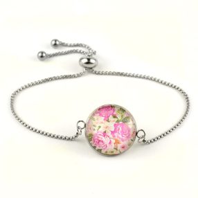   Nemesacél üveglencsés állítható méretű karkötő - virágmintás (3400)