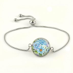   Nemesacél üveglencsés állítható méretű karkötő - virágmintás (3401)