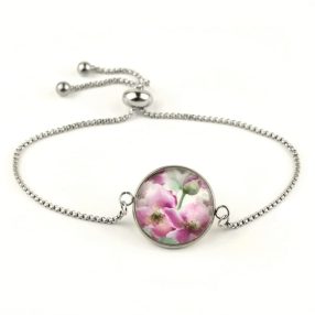   Nemesacél üveglencsés állítható méretű karkötő - virágmintás (3402)