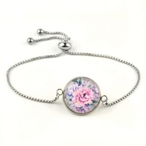   Nemesacél üveglencsés állítható méretű karkötő - virágmintás (3403)