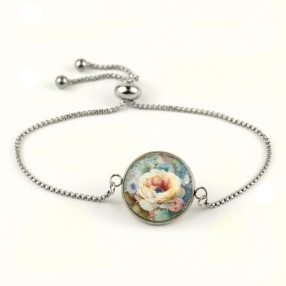   Nemesacél üveglencsés állítható méretű karkötő - virágmintás (3406)