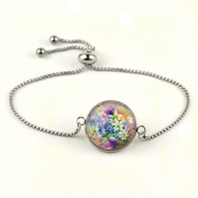   Nemesacél üveglencsés állítható méretű karkötő - virágmintás (3407)