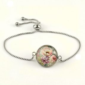   Nemesacél üveglencsés állítható méretű karkötő - virágmintás (3408)