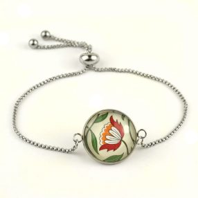   Nemesacél üveglencsés állítható méretű karkötő - virágmintás (3409)