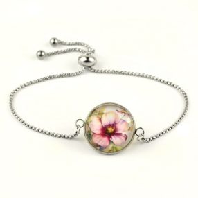   Nemesacél üveglencsés állítható méretű karkötő - virágmintás (3410)