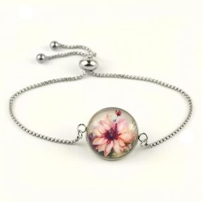   Nemesacél üveglencsés állítható méretű karkötő - virágmintás (3412)