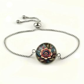   Nemesacél üveglencsés állítható méretű karkötő - virágmintás (3413)