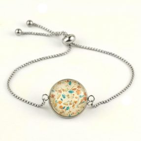   Nemesacél üveglencsés állítható méretű karkötő - virágmintás (3414)