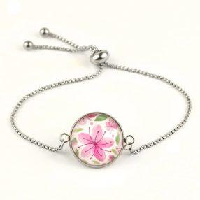   Nemesacél üveglencsés állítható méretű karkötő - virágmintás (3415)