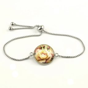   Nemesacél üveglencsés állítható méretű karkötő - rózsa virágmintás (3416)