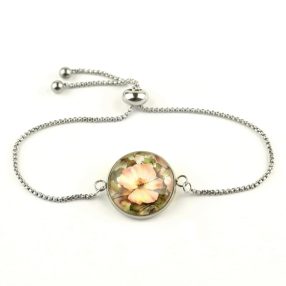   Nemesacél üveglencsés állítható méretű karkötő - virágmintás (3417)