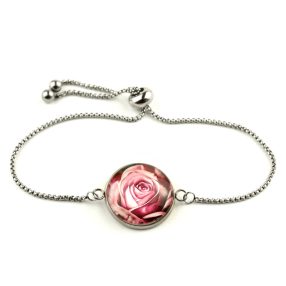   Nemesacél üveglencsés állítható méretű karkötő - rózsa virágmintás (3418)