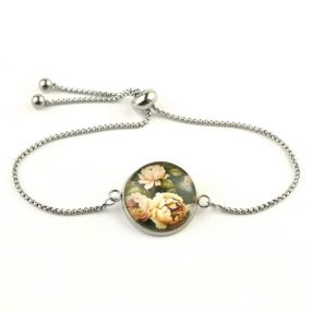   Nemesacél üveglencsés állítható méretű karkötő - rózsa virágmintás (3419)