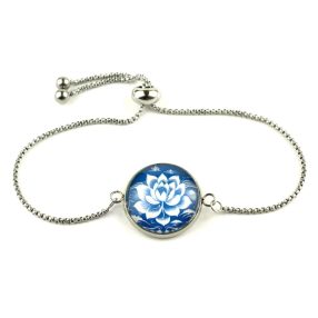   Nemesacél üveglencsés állítható méretű karkötő - lótuszvirág (3900)