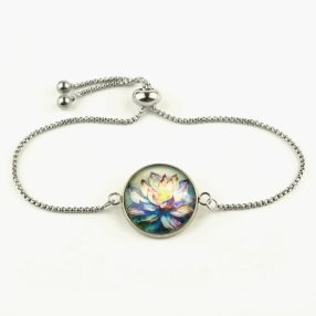   Nemesacél üveglencsés állítható méretű karkötő - tavirózsa (3901)