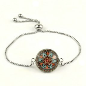   Nemesacél üveglencsés állítható méretű karkötő - mandala (5010)