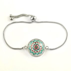   Nemesacél üveglencsés állítható méretű karkötő - mandala (5033)