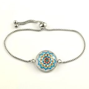   Nemesacél üveglencsés állítható méretű karkötő - mandala (5034)