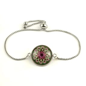   Nemesacél üveglencsés állítható méretű karkötő - mandala (5046)