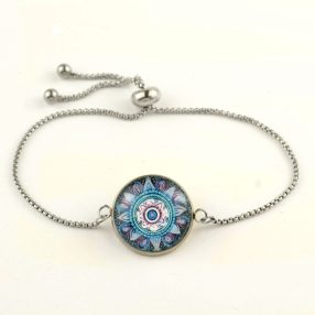   Nemesacél üveglencsés állítható méretű karkötő - mandala (5066)