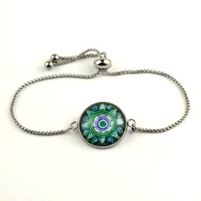   Nemesacél üveglencsés állítható méretű karkötő - mandala (5069)