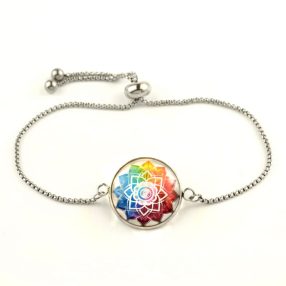   Nemesacél üveglencsés állítható méretű karkötő - csakra mandala (5075)