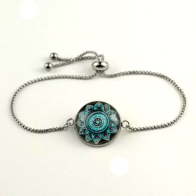   Nemesacél üveglencsés állítható méretű karkötő - mandala (5080)