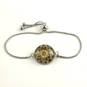   Nemesacél üveglencsés állítható méretű karkötő - mandala (5082)