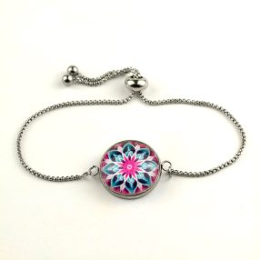   Nemesacél üveglencsés állítható méretű karkötő - mandala (5086)