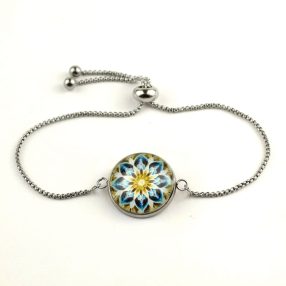   Nemesacél üveglencsés állítható méretű karkötő - mandala (5087)