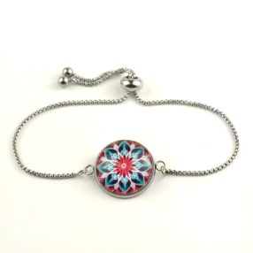   Nemesacél üveglencsés állítható méretű karkötő - mandala (5089)