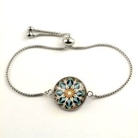   Nemesacél üveglencsés állítható méretű karkötő - mandala (5094)