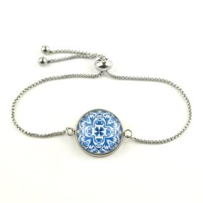   Nemesacél üveglencsés állítható méretű karkötő - mandala (5401)