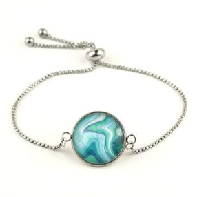   Nemesacél üveglencsés állítható méretű karkötő - achát mintás (5505)