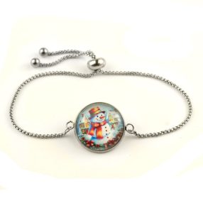   Nemesacél üveglencsés állítható méretű karkötő - hóember (6612)