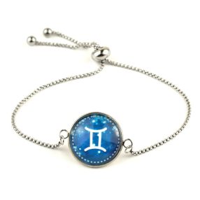   Nemesacél üveglencsés állítható méretű karkötő - horoszkóp, csillagjegy - ikrek (9002)