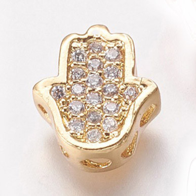 Cirkónia kristályos, arany színű 9,5x8,5x4mm-es Hamsa kéz /  Fatima keze köztes gyöngy, furat: 1,4mm