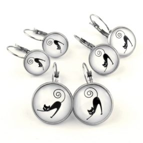   Nemesacél üveglencsés franciakapcsos fülbevaló - választható méretben - cica (0002)