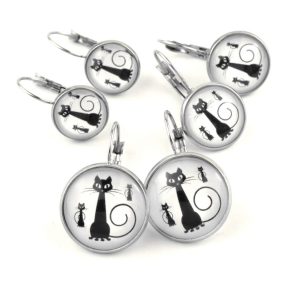   Nemesacél üveglencsés franciakapcsos fülbevaló - választható méretben - cicák (0003)