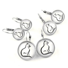   Nemesacél üveglencsés franciakapcsos fülbevaló - választható méretben - cica (0004)